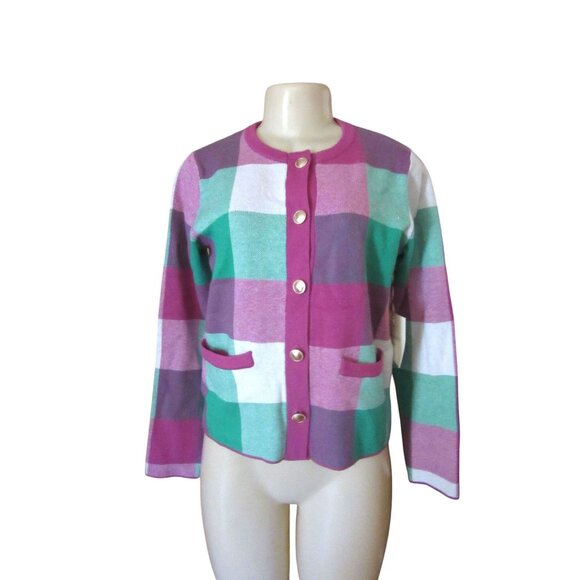 Cynthia Rowley Plaid Cardigan Sweater W/Gold Buttons Size S NWT - Picture 2 of 6